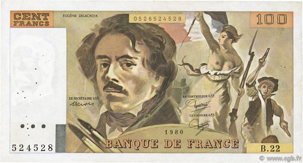 100 Francs DELACROIX modifié FRANCE  1980 F.69.04a VF