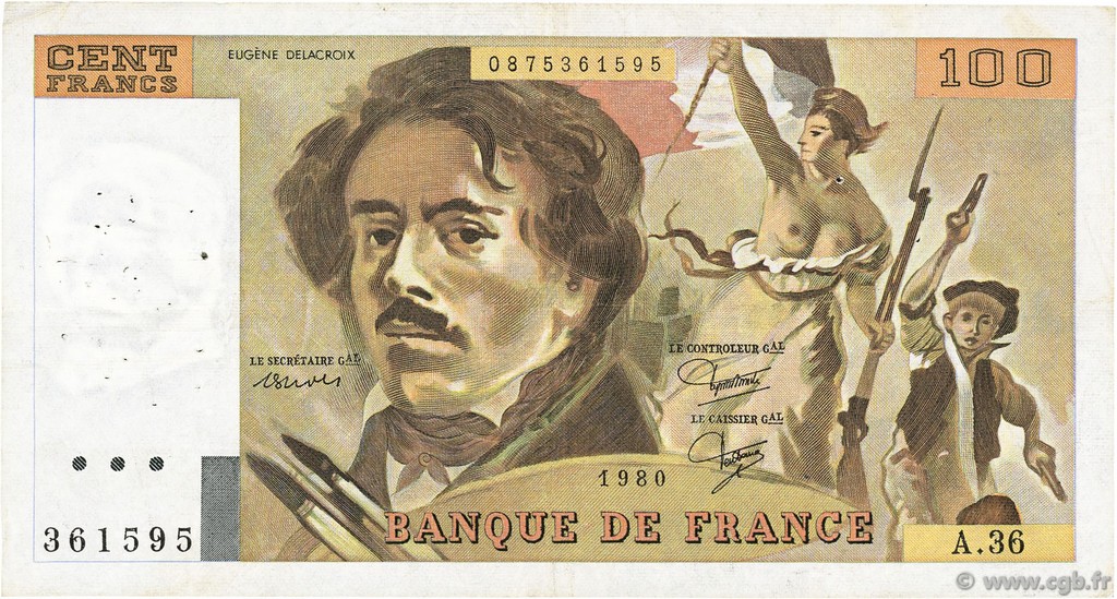 100 Francs DELACROIX modifié FRANCE  1980 F.69.04a F - VF