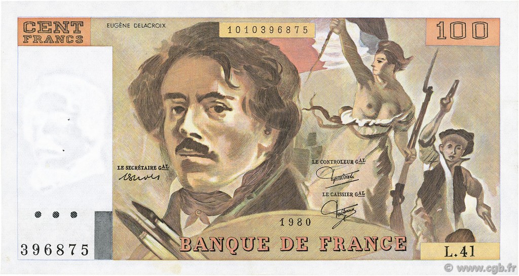 100 Francs DELACROIX modifié FRANCE  1980 F.69.04a XF