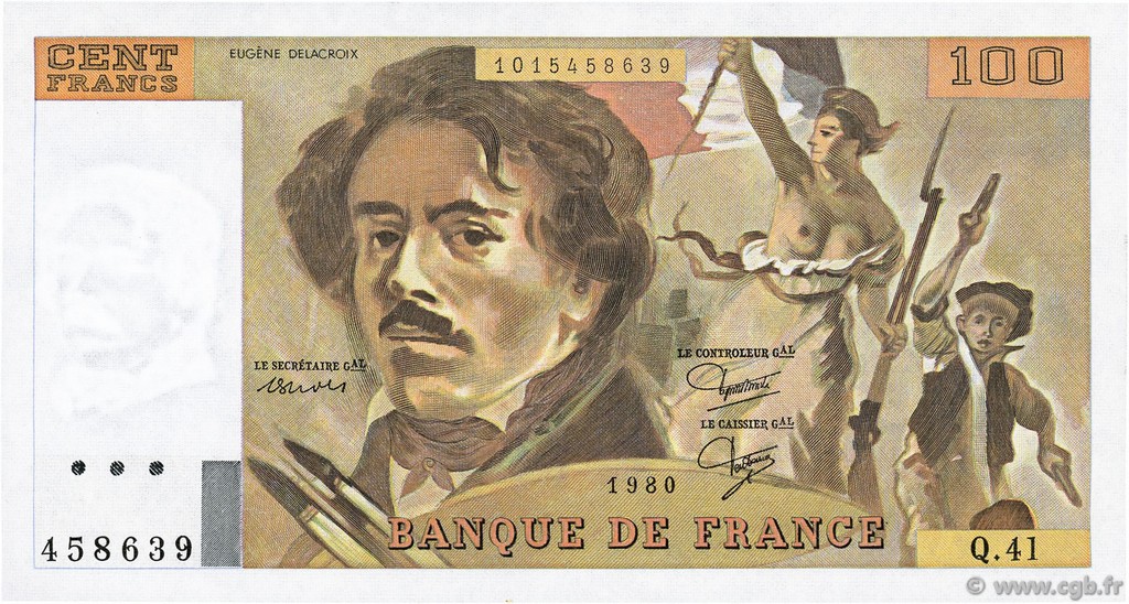 100 Francs DELACROIX modifié FRANCE  1980 F.69.04b AU+