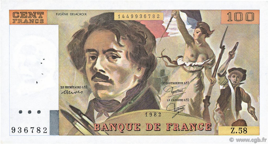 100 Francs DELACROIX modifié FRANCE  1982 F.69.06 TTB+