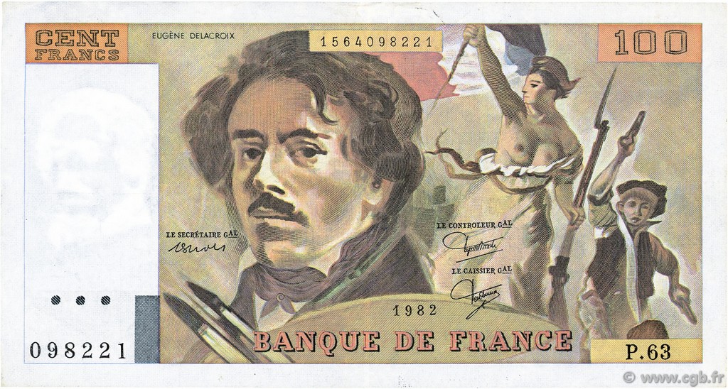 100 Francs DELACROIX modifié FRANCE  1982 F.69.06 VF+