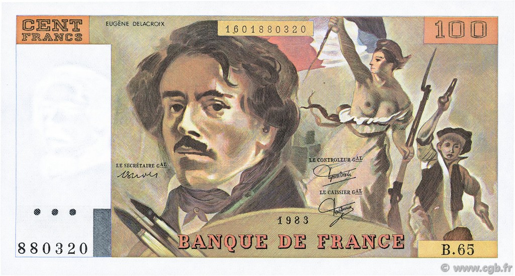 100 Francs DELACROIX modifié FRANCE  1983 F.69.07 UNC-