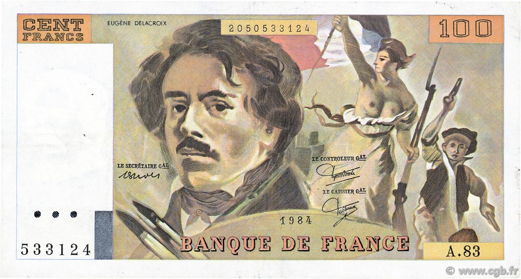 100 Francs DELACROIX modifié FRANKREICH  1984 F.69.08a SS