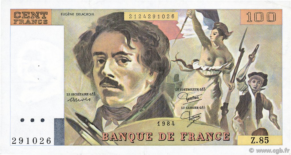 100 Francs DELACROIX modifié FRANCE  1984 F.69.08a VF+