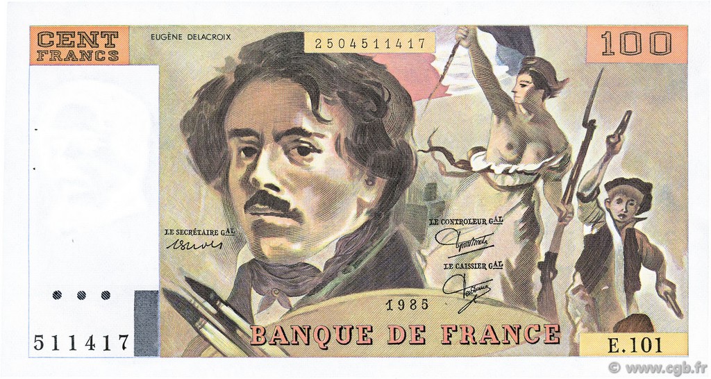 100 Francs DELACROIX modifié FRANCE  1985 F.69.09 XF+