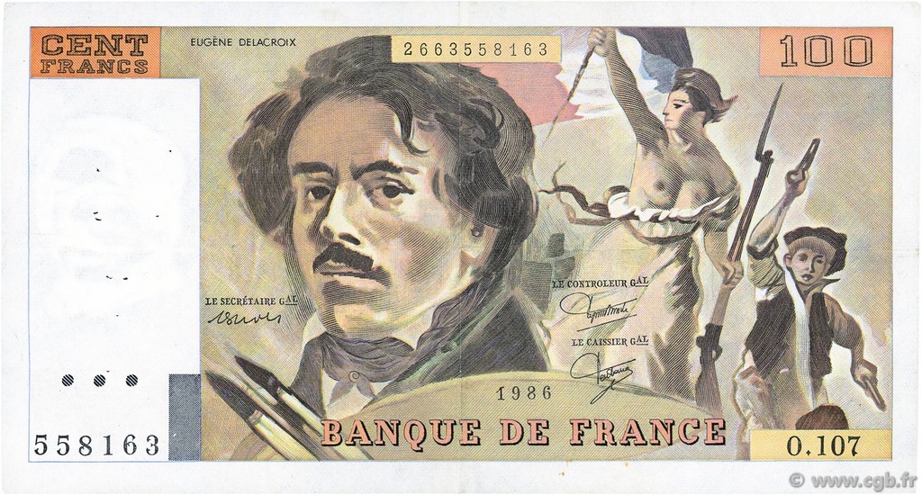 100 Francs DELACROIX modifié FRANCIA  1986 F.69.10 MBC
