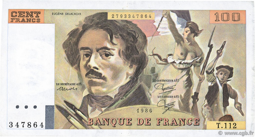 100 Francs DELACROIX modifié FRANCE  1986 F.69.10 XF