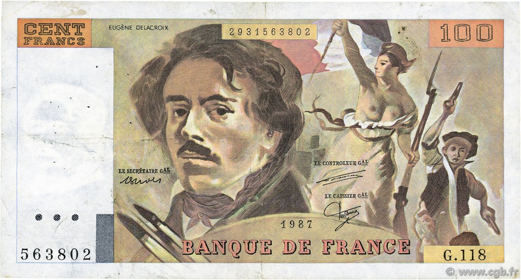 100 Francs DELACROIX modifié FRANCE  1987 F.69.11 VF