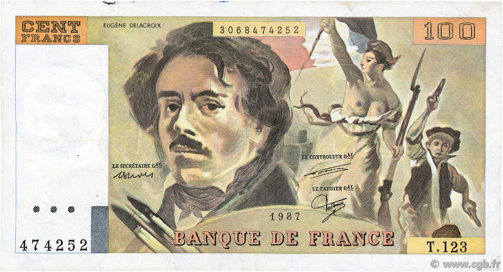 100 Francs DELACROIX modifié FRANCE  1987 F.69.11 VF-