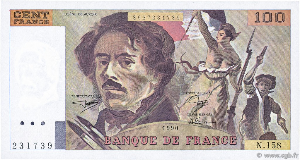 100 Francs DELACROIX imprimé en continu FRANCE  1990 F.69bis.02b UNC-