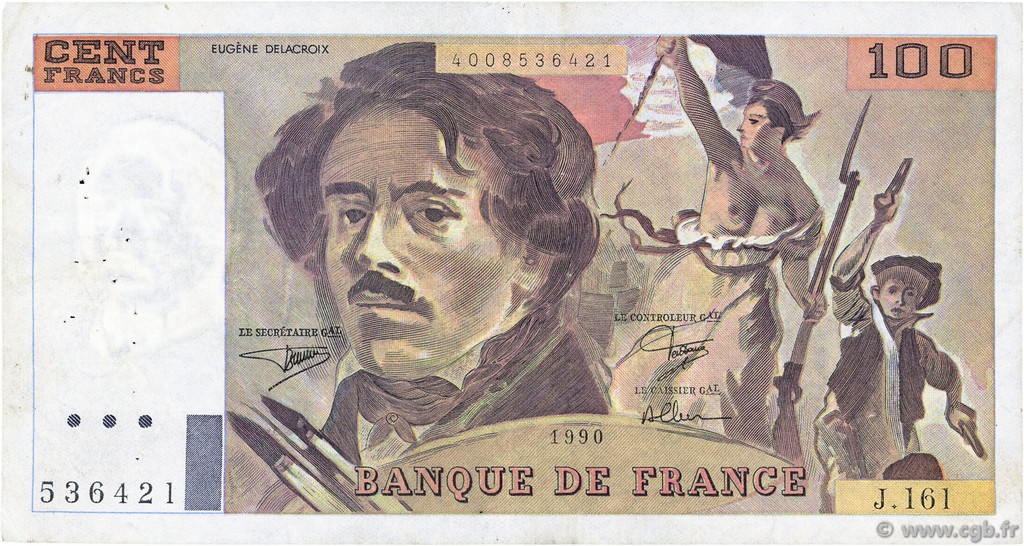 100 Francs DELACROIX imprimé en continu FRANCE  1990 F.69bis.02b VF-