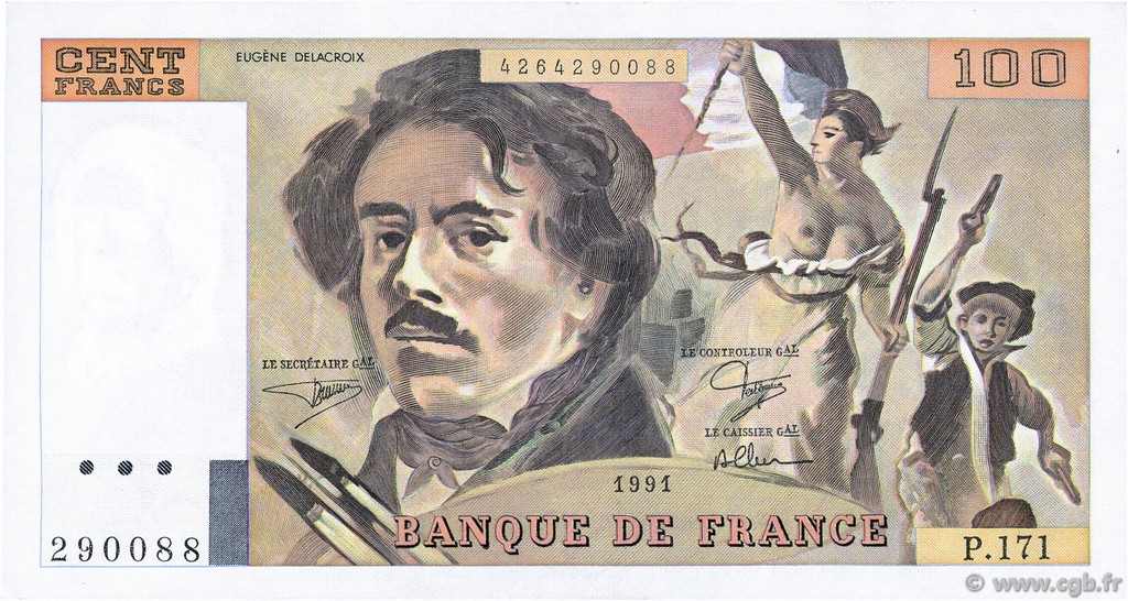 100 Francs DELACROIX imprimé en continu FRANCE  1991 F.69bis.03a3 XF
