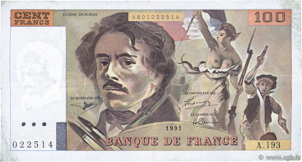 100 Francs DELACROIX imprimé en continu FRANCE  1991 F.69bis.04a VF-