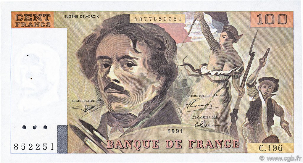 100 Francs DELACROIX imprimé en continu FRANCIA  1991 F.69bis.04a q.SPL