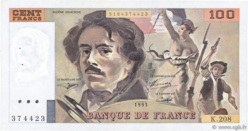 100 Francs DELACROIX imprimé en continu FRANCE  1993 F.69bis.05 VF+