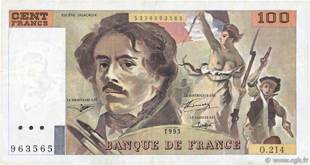 100 Francs DELACROIX imprimé en continu FRANCE  1993 F.69bis.05 VF