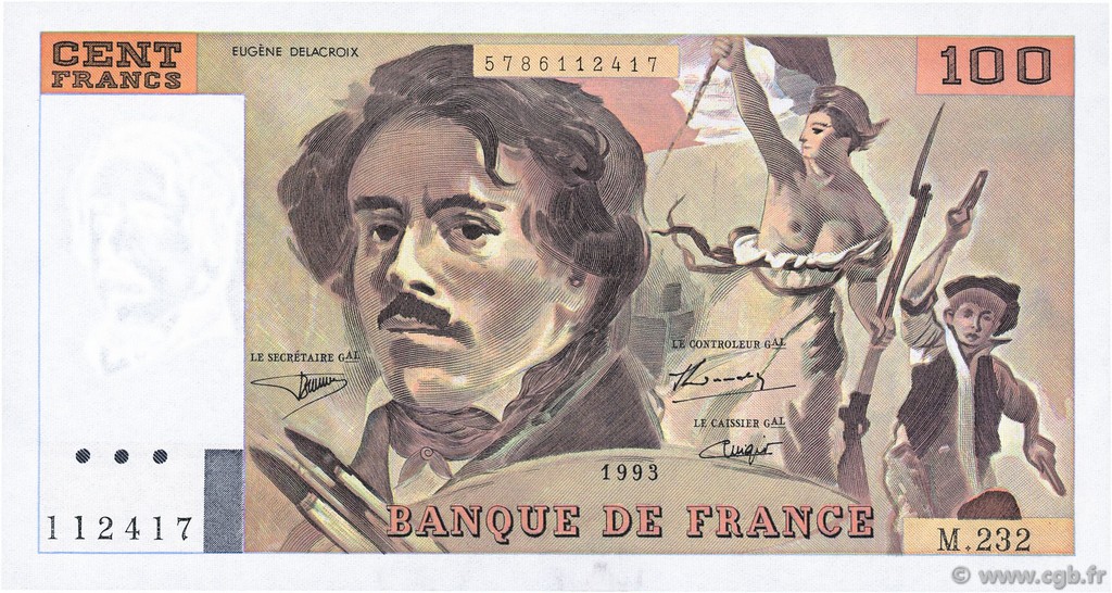 100 Francs DELACROIX imprimé en continu FRANKREICH  1993 F.69bis.08 fST