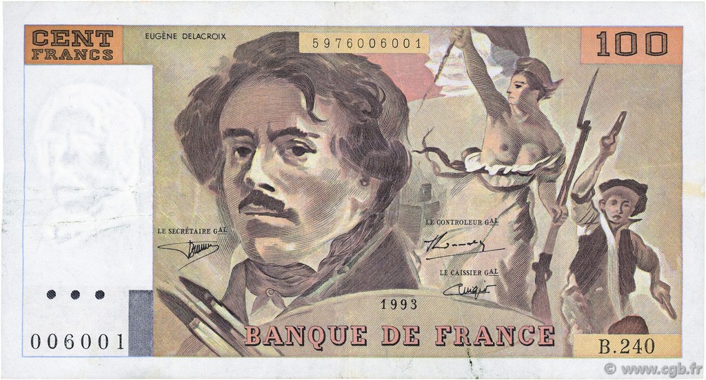 100 Francs DELACROIX imprimé en continu FRANCIA  1993 F.69bis.08 MBC