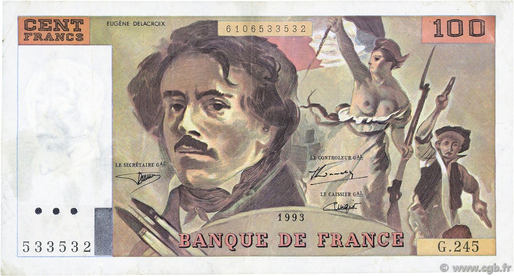 100 Francs DELACROIX imprimé en continu FRANCE  1993 F.69bis.08 VF