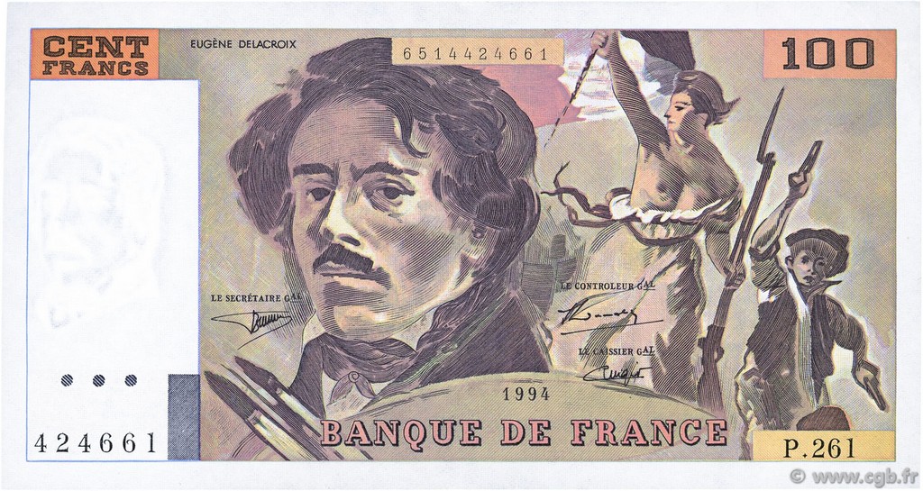 100 Francs DELACROIX 442-1 & 442-2 FRANCE  1994 F.69ter.01b AU-