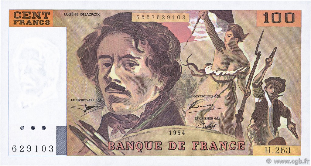 100 Francs DELACROIX 442-1 & 442-2 FRANCE  1994 F.69ter.01b AU