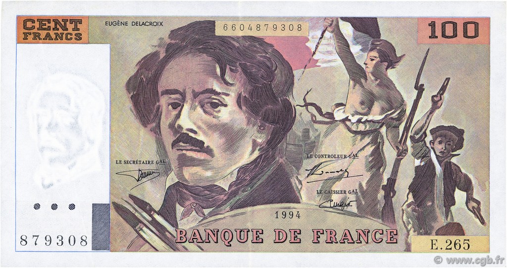 100 Francs DELACROIX 442-1 & 442-2 FRANCE  1994 F.69ter.01b VF+