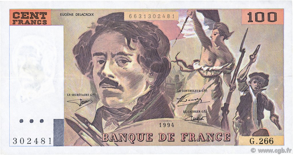 100 Francs DELACROIX 442-1 & 442-2 FRANCIA  1994 F.69ter.01b MBC+