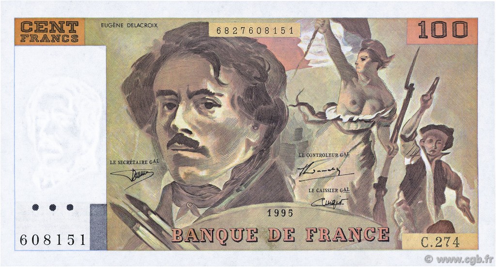 100 Francs DELACROIX 442-1 & 442-2 FRANCE  1995 F.69ter.02b AU