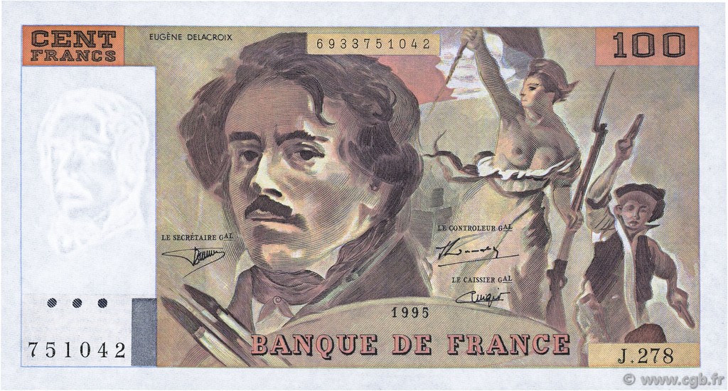100 Francs DELACROIX 442-1 & 442-2 FRANKREICH  1995 F.69ter.02b fST+
