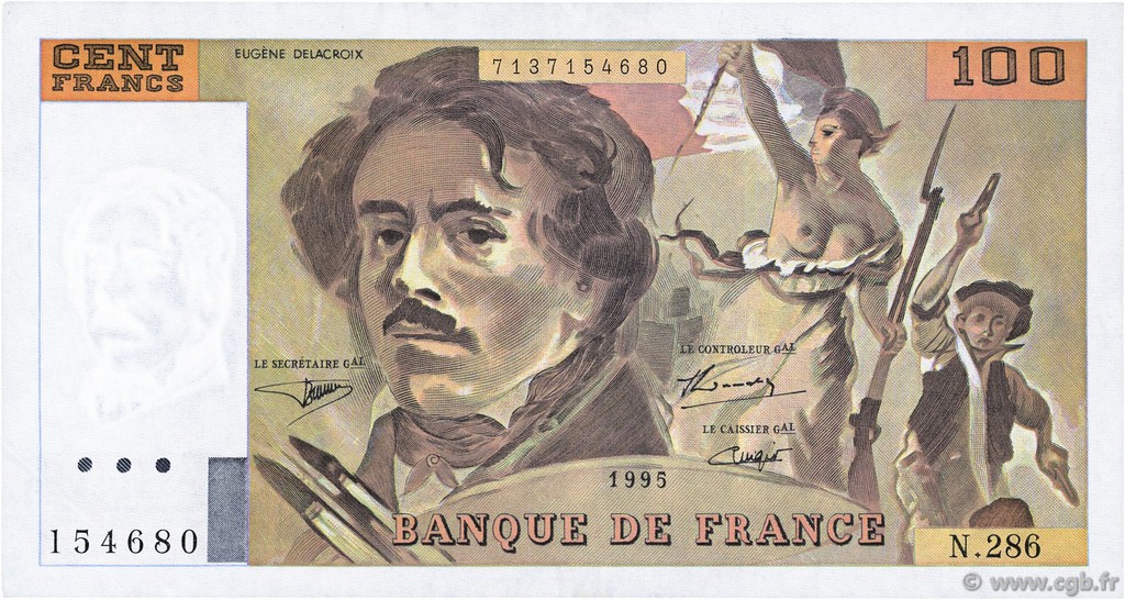 100 Francs DELACROIX 442-1 & 442-2 FRANKREICH  1995 F.69ter.02c fVZ