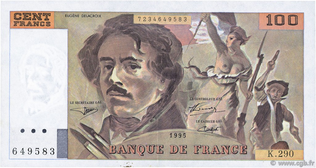 100 Francs DELACROIX 442-1 & 442-2 FRANKREICH  1995 F.69ter.02c fVZ