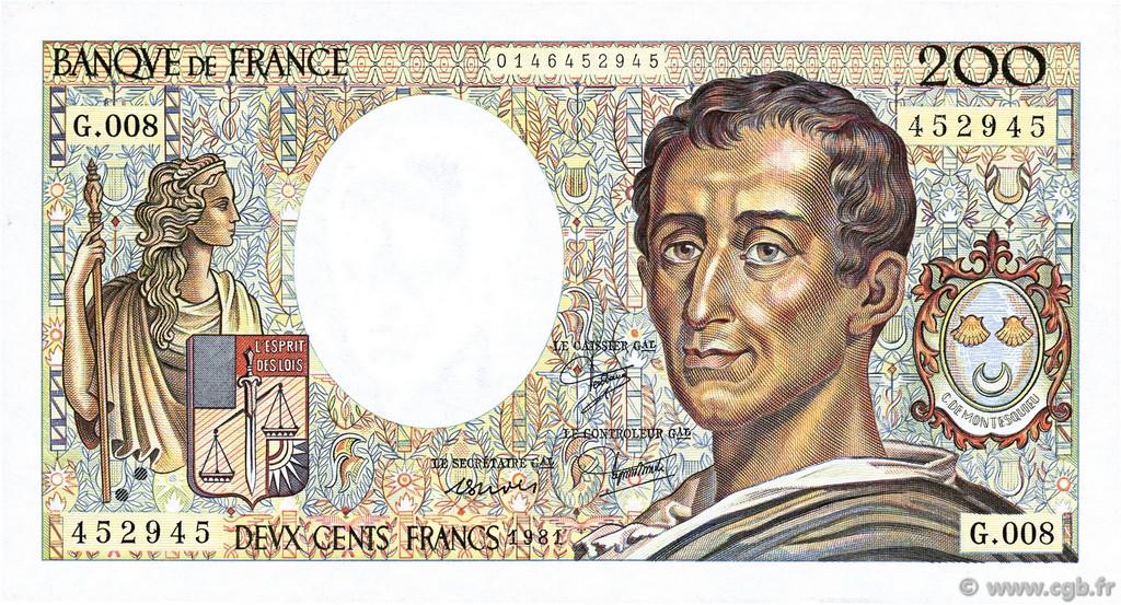 200 Francs MONTESQUIEU FRANCIA  1981 F.70.01 SPL