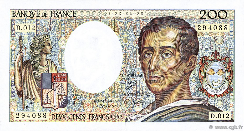 200 Francs MONTESQUIEU FRANCIA  1982 F.70.02 MBC+