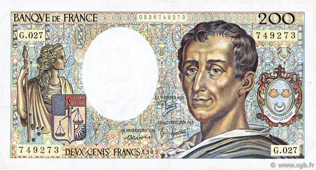 200 Francs MONTESQUIEU FRANCIA  1985 F.70.05 MBC