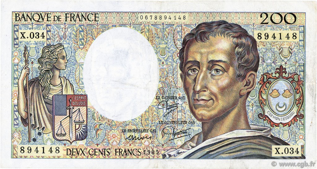 200 Francs MONTESQUIEU FRANCE  1985 F.70.05 F+