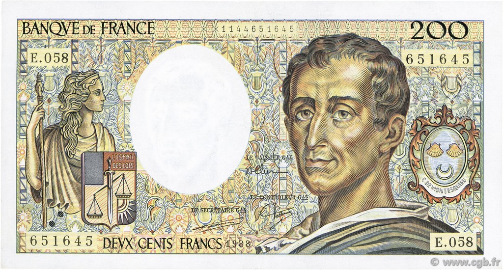 200 Francs MONTESQUIEU FRANCIA  1988 F.70.08 MBC+
