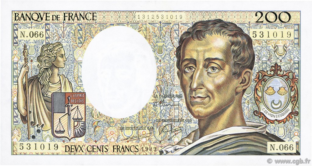 200 Francs MONTESQUIEU FRANCE  1989 F.70.09 AU