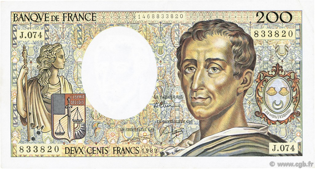 200 Francs MONTESQUIEU FRANKREICH  1989 F.70.09 VZ