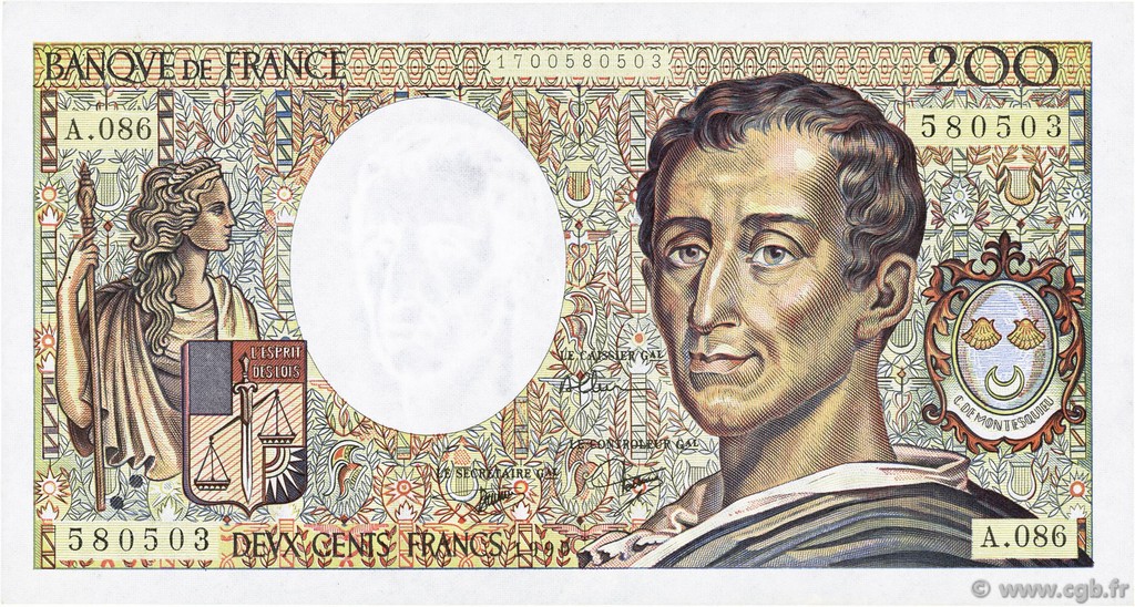 200 Francs MONTESQUIEU FRANCE  1990 F.70.10a XF