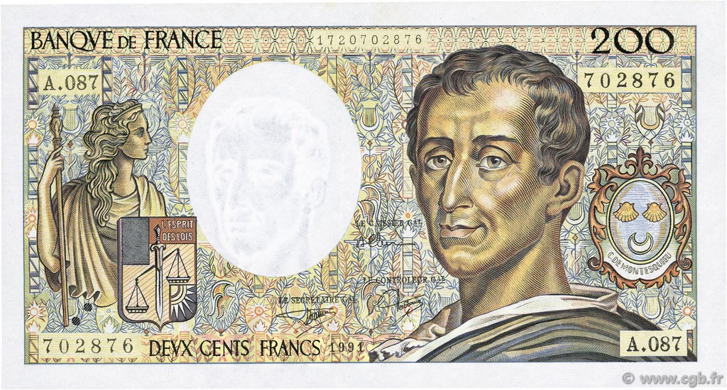 200 Francs MONTESQUIEU FRANCE  1991 F.70.11 XF
