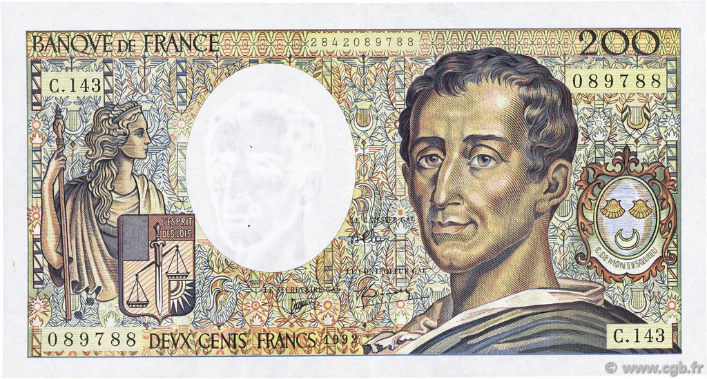 200 Francs MONTESQUIEU FRANKREICH  1992 F.70.12c fVZ