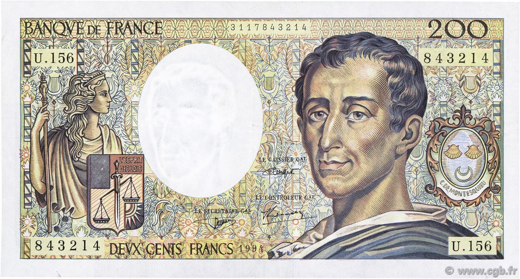 200 Francs MONTESQUIEU Modifié FRANCE  1994 F.70/2.01 VF+