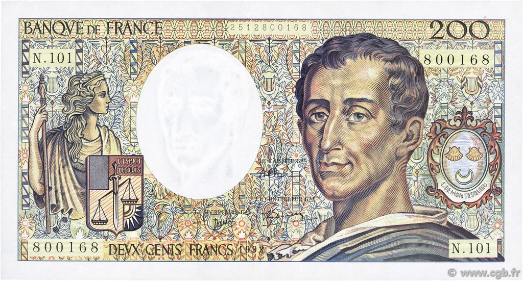 200 Francs MONTESQUIEU alphabet 101 FRANCE  1992 F.70bis.01 VF+