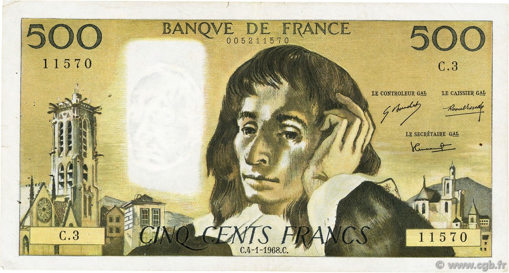 500 Francs PASCAL FRANCE  1968 F.71.01 F+