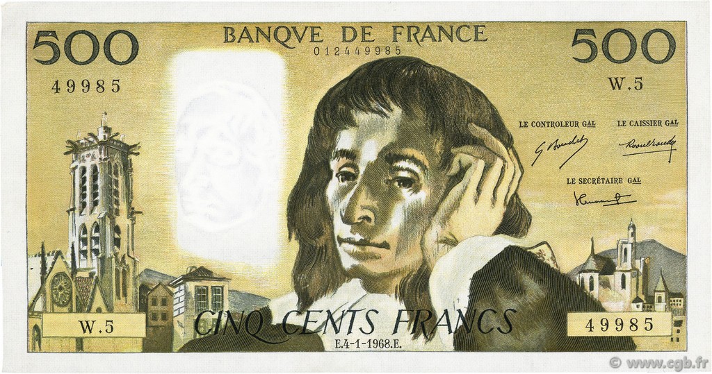 500 Francs PASCAL FRANKREICH  1968 F.71.01 fVZ