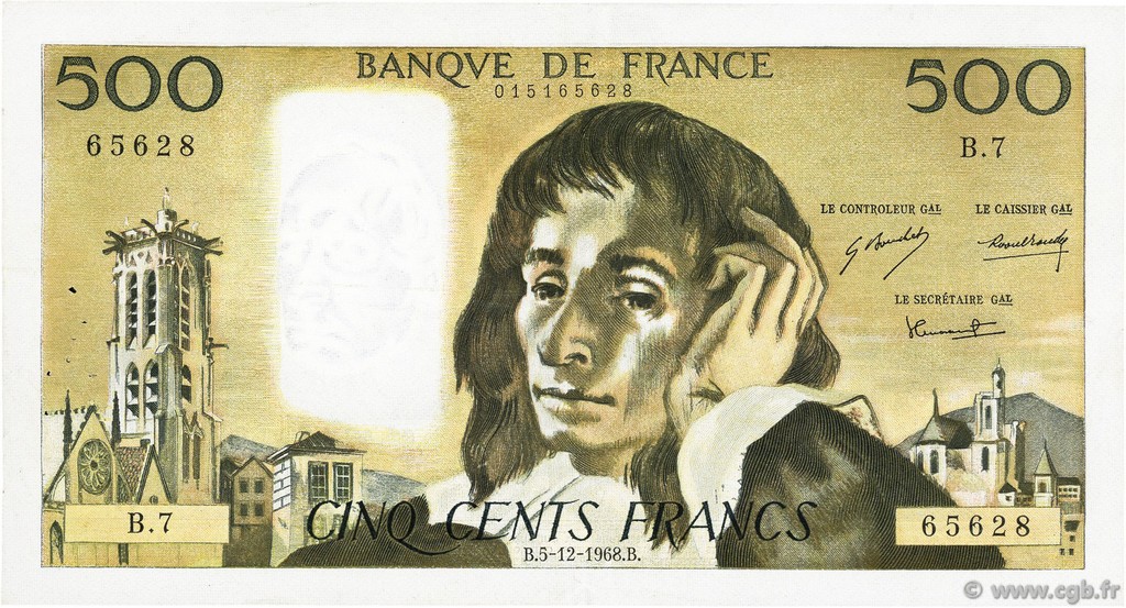 500 Francs PASCAL FRANCE  1968 F.71.02 VF