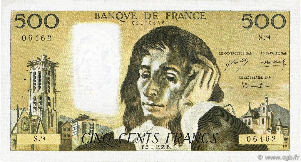 500 Francs PASCAL FRANCE  1969 F.71.03 VF