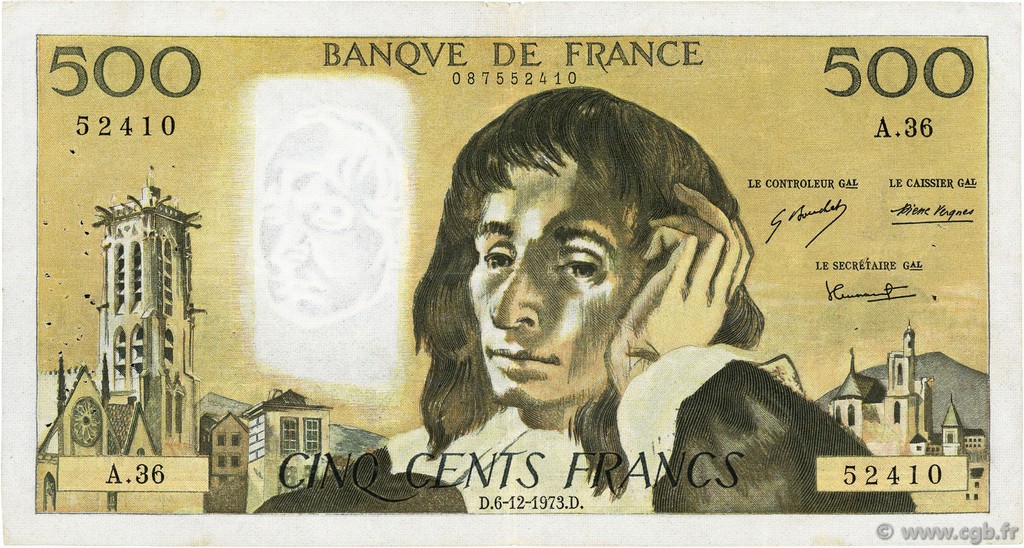 500 Francs PASCAL FRANKREICH  1973 F.71.10 S to SS