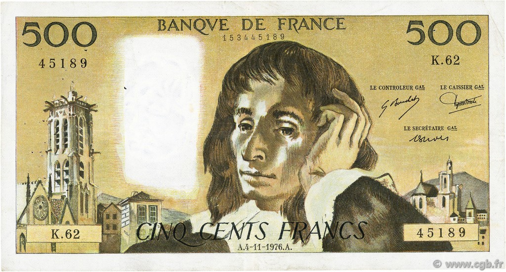 500 Francs PASCAL FRANKREICH  1976 F.71.15 fSS